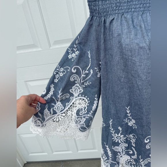 Roaman's  Blue Chambray White Embellished Lace Off Shoulder Top, Size 16W - Picture 2 of 7